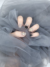 Midnight Luxe: Black and Gold Marbling Press-on Nails with Crystal Instant Mani