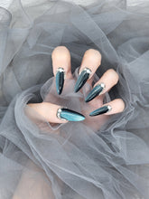 Galactic Sapphire: Deep Blue Cat Eye Long Nails with Crystals Instant Mani
