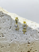 Divine Radiance Uneven Cross Earrings: 925 Sterling Silver 18 Gold-plated, Cubic Zirconia, uneven design