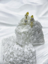 Divine Radiance Uneven Cross Earrings: 925 Sterling Silver 18 Gold-plated, Cubic Zirconia, uneven design