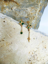 Galactic Starlight Dangle Earrings: 925 Sterling Silver 18K Vintage Gold, Green Cubic Zirconia