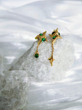 Galactic Starlight Dangle Earrings: 925 Sterling Silver 18K Vintage Gold, Green Cubic Zirconia