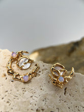 Molten Opulence Asymmetry Stud Earrings: 925 Sterling Silver 18K Vintage Gold, MOP, Composite Opal, Unique Elegance