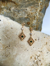 Mystic Fusion Exotic Dangle Earrings: 925 Sterling Silver 18K Vintage Gold, Green and Clear Cubic Zirconia, Mystical Elegance