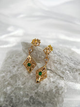 Mystic Fusion Exotic Dangle Earrings: 925 Sterling Silver 18K Vintage Gold, Green and Clear Cubic Zirconia, Mystical Elegance
