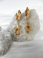 Aureate Cascading Leaf Earrings: 925 Sterling Silver 18K Gold Vintage Gold, green CZ, Elegant Unique Design