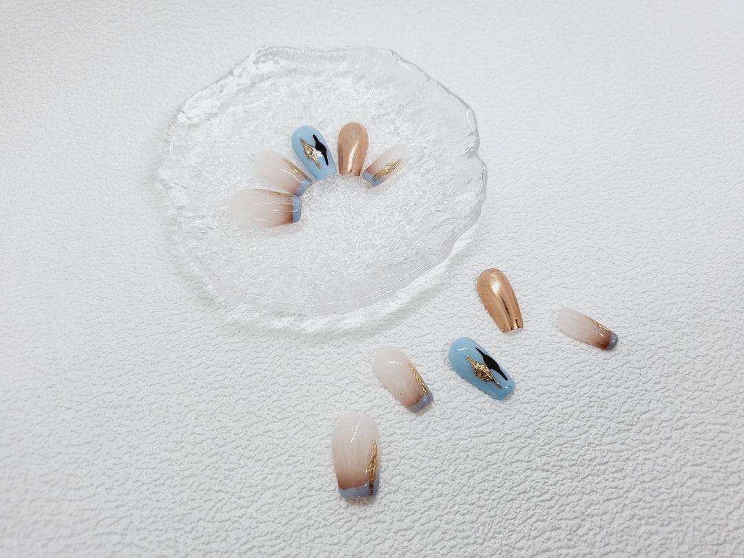Blue Horizon: rose gold and blue Press on Nails Instant Manicure AU