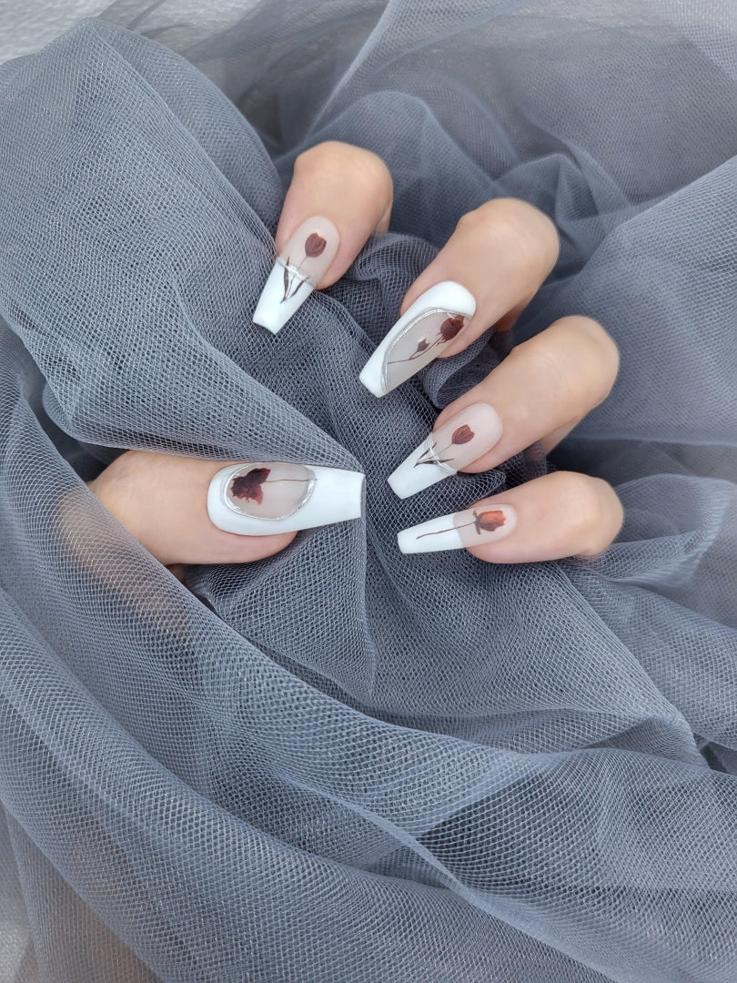 Serenity in Rose: Long white trendy design Press ons Instant Mani AU