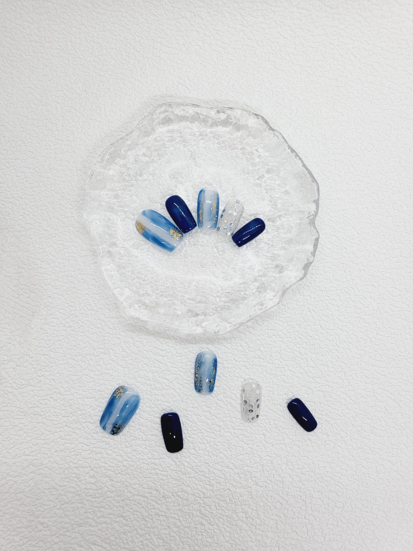 Twilight Treasures: Blue gold shimmer Press on nails Instant Mani AU