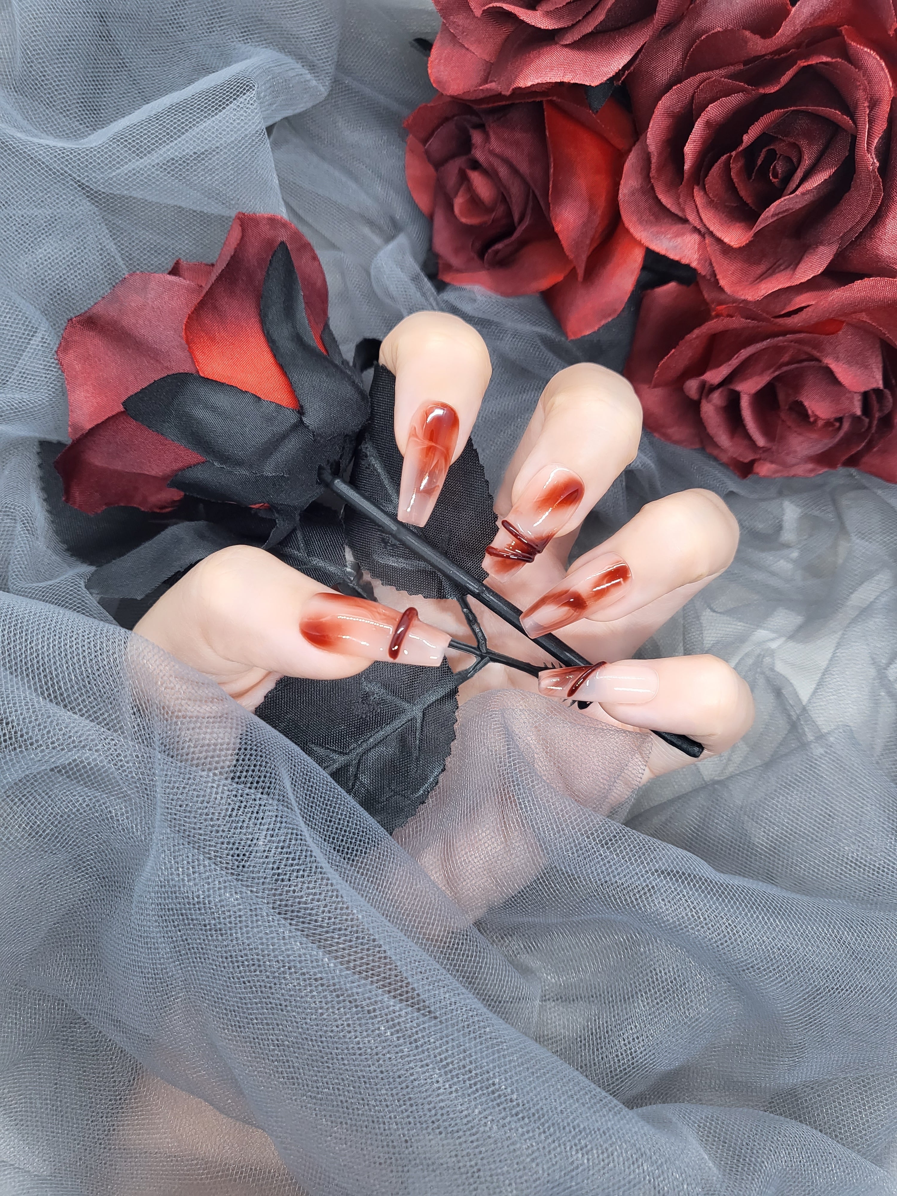 Crimson Cascade: Red marbling Press on nails with bands Instant Mani AU 