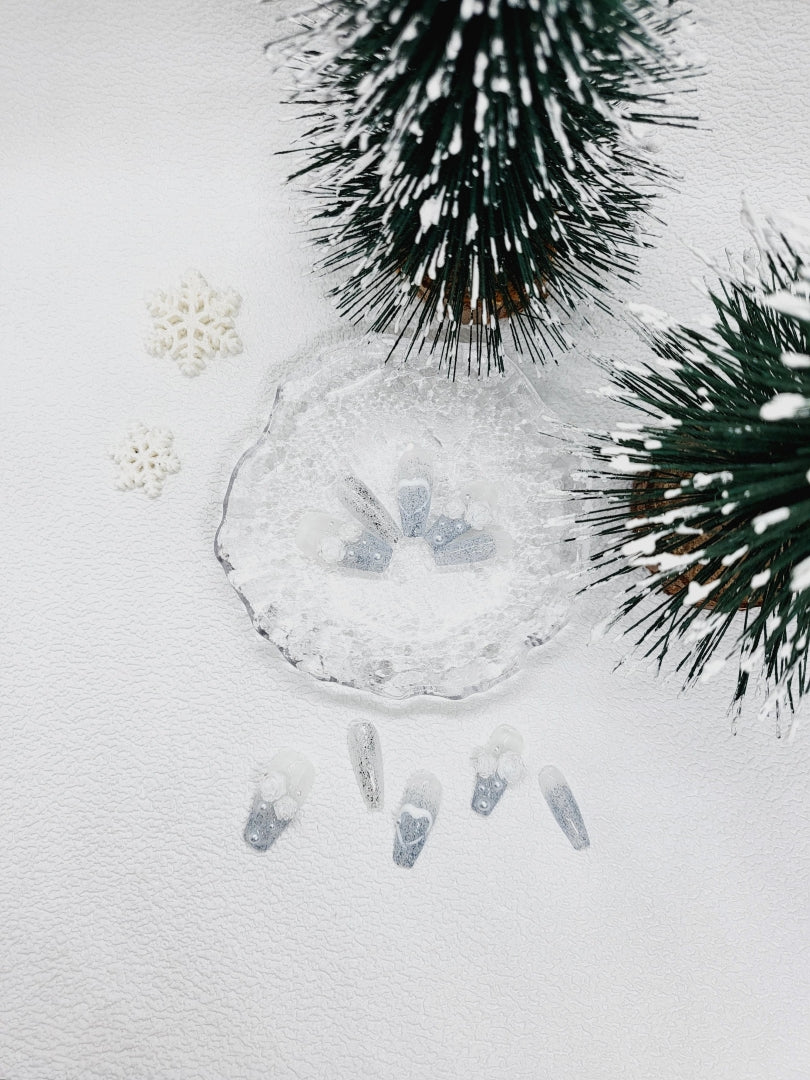 Silent Night: Subtle Blue Christmas Nails with Rose Deco Instant Mani AU