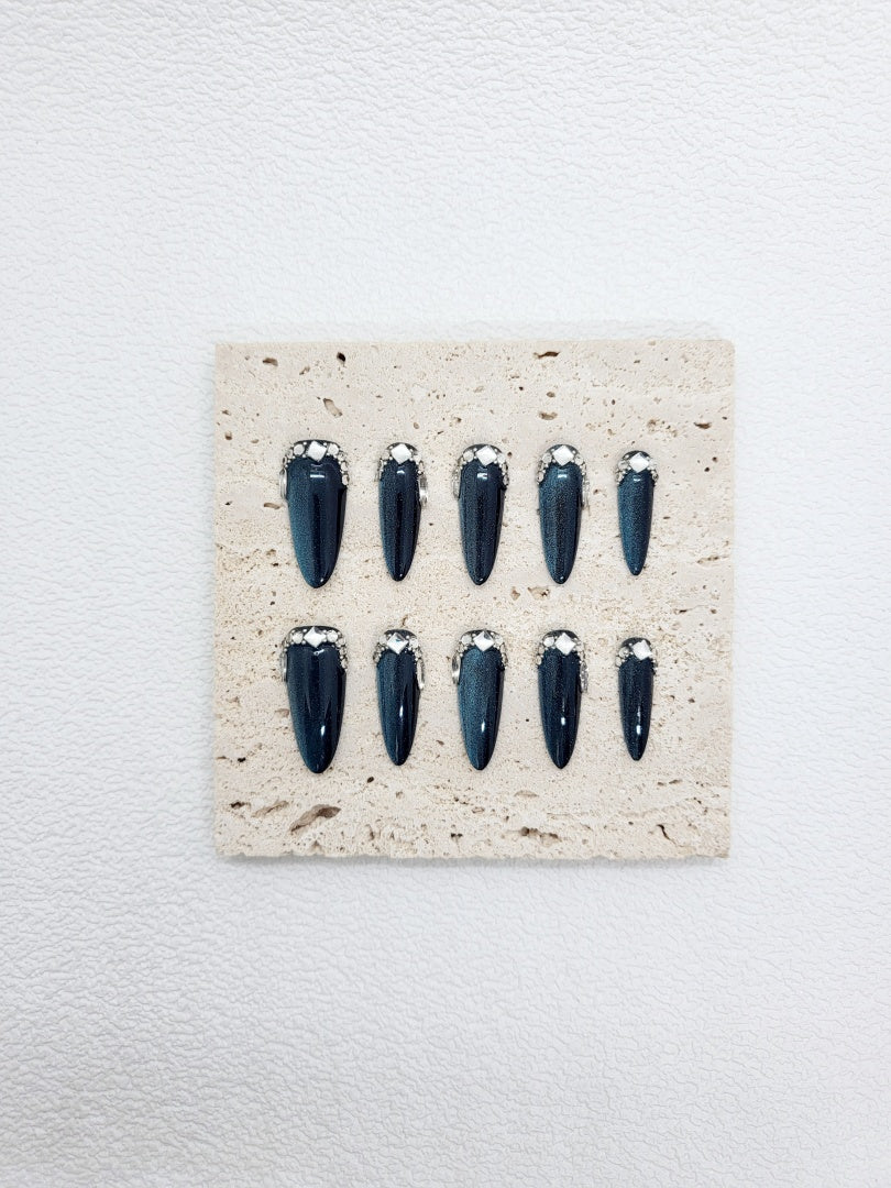 Galactic Sapphire: Deep Blue Cat Eye Long Nails with Crystals Instant Mani