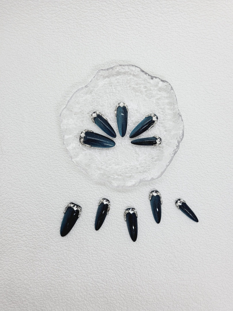 Galactic Sapphire: Deep Blue Cat Eye Long Nails with Crystals Instant Mani
