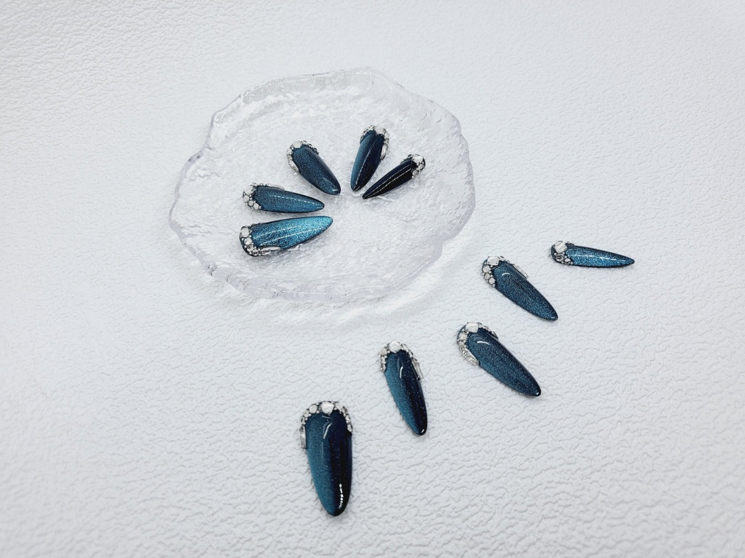 Galactic Sapphire: Deep Blue Cat Eye Long Nails with Crystals Instant Mani