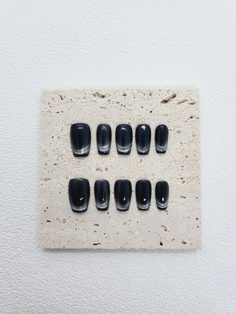 Stellar Nebula: Black Magnetic Cat Eye Press on Nails Instant Manicure