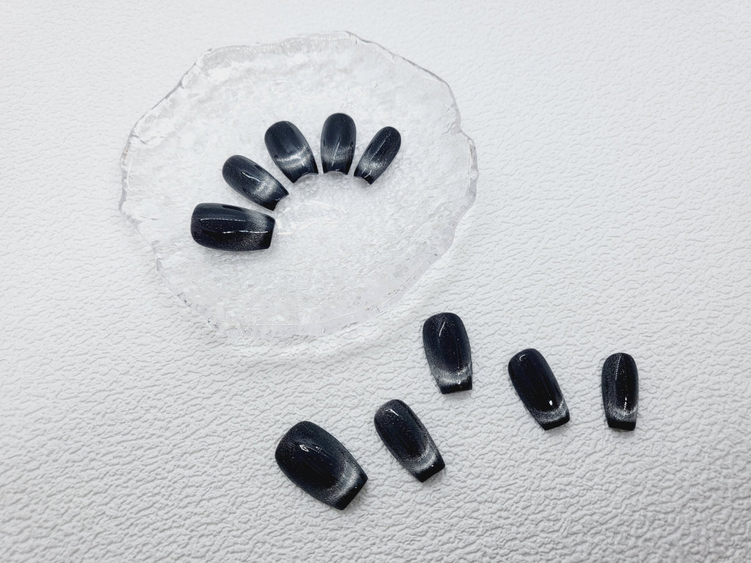Stellar Nebula: Black Magnetic Cat Eye Press on Nails Instant Manicure