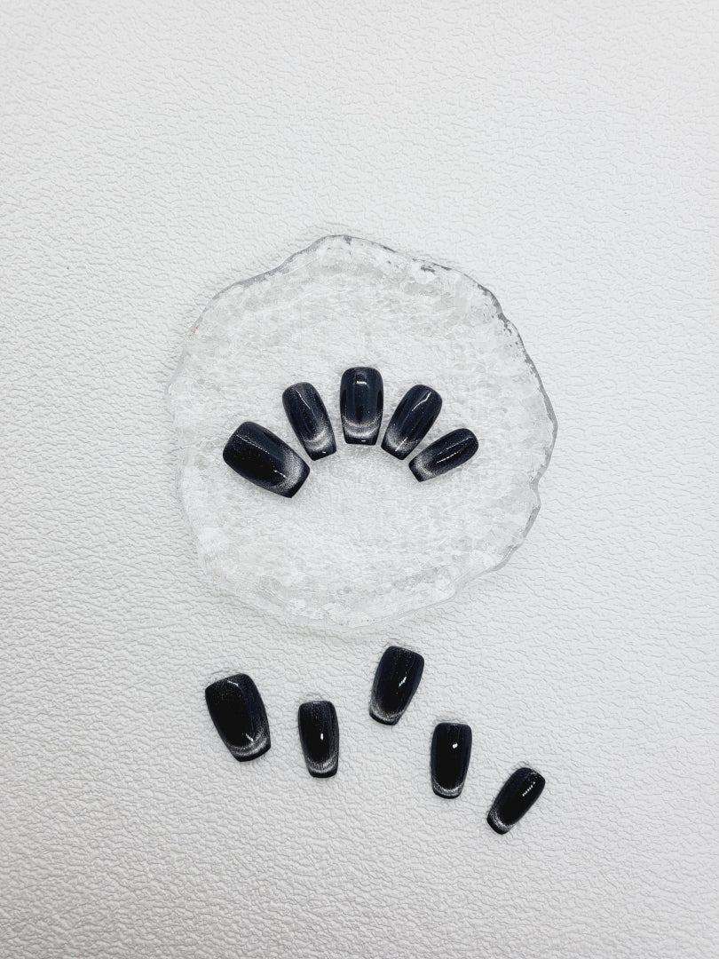Stellar Nebula: Black Magnetic Cat Eye Press on Nails Instant Manicure