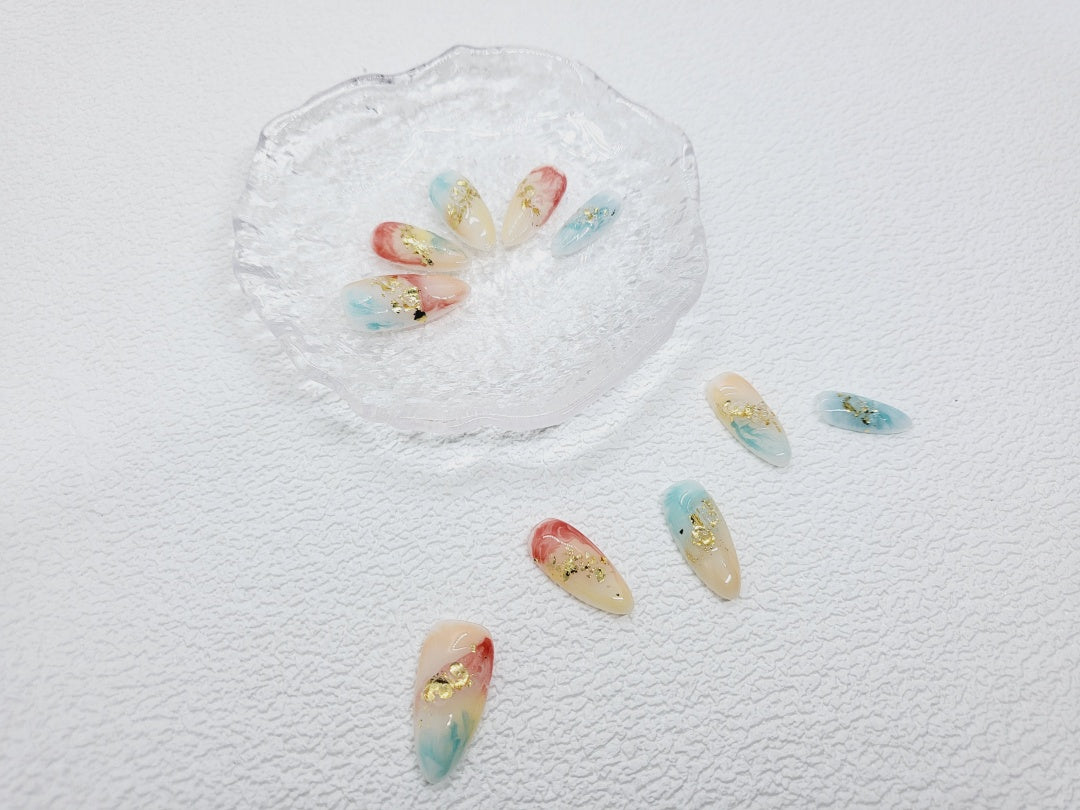 Rippling Aurora: Almond Nails with colours of the Fall and Gilded Flakes