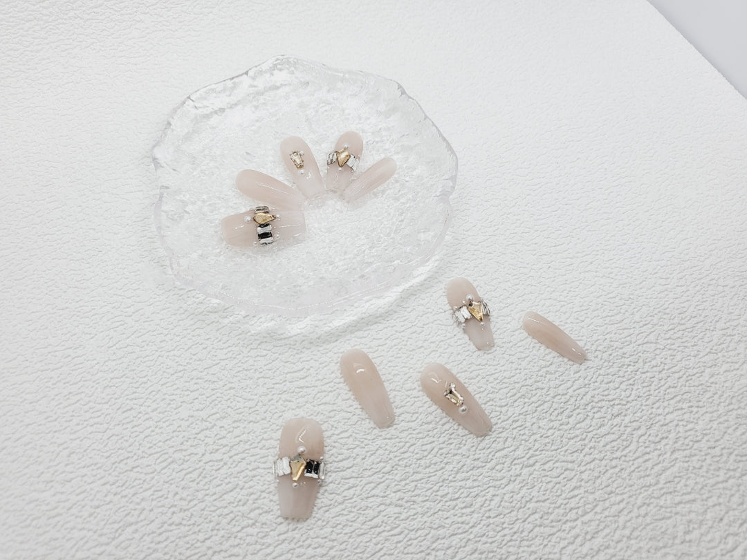 Eternal Blush: Pink Nude Press-on Nails with Gem Adornments Instant Mani