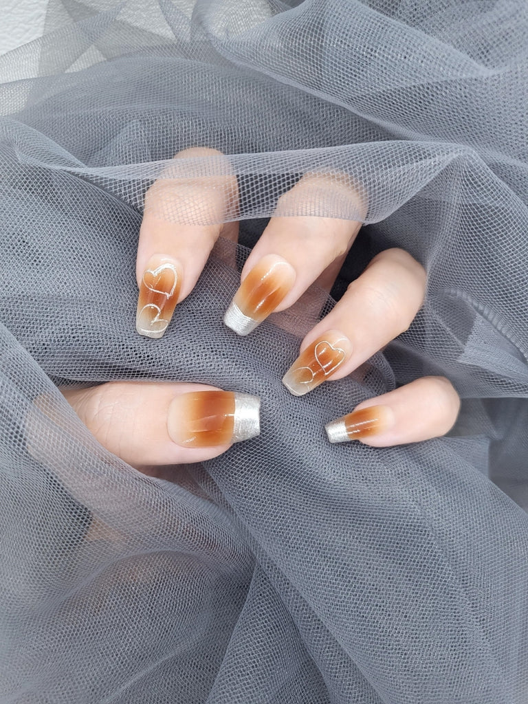 Bronze Cascade: Brown ombre heart Press on Nails Instant Manicure AU ...