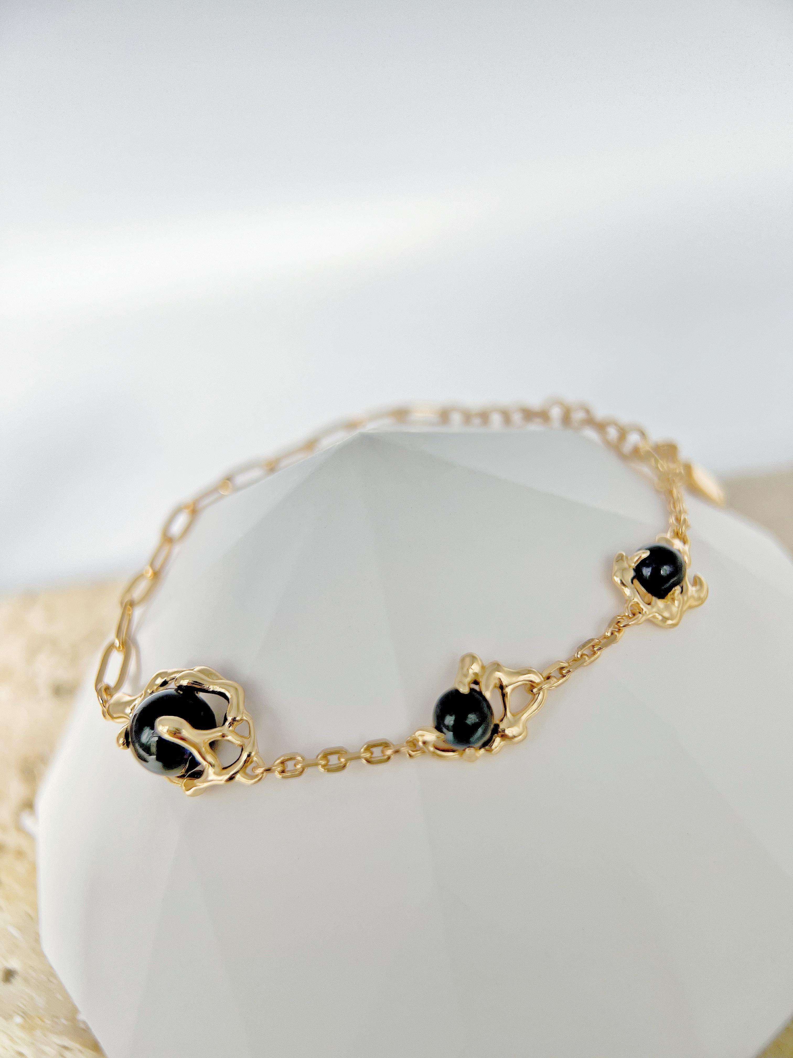 Galactic Cascade Black Agate Bracelet: 925 Sterling Silver 18K Vintage Gold, Cosmic Elegance