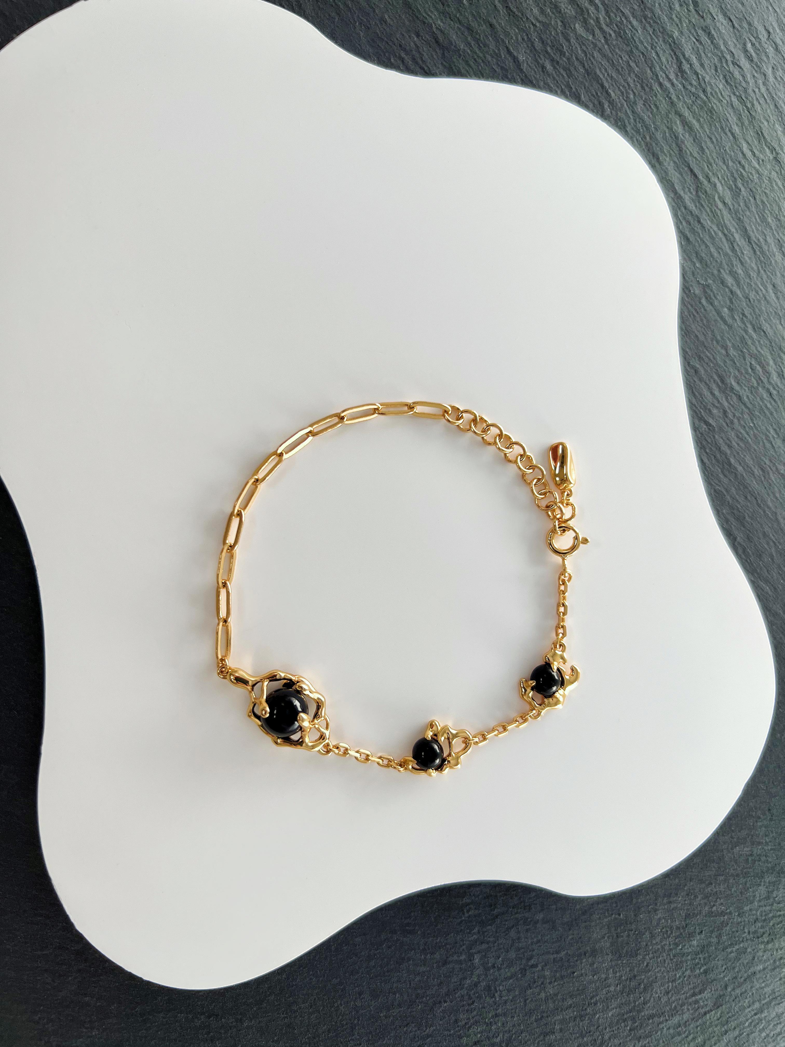 Galactic Cascade Black Agate Bracelet: 925 Sterling Silver 18K Vintage Gold, Cosmic Elegance