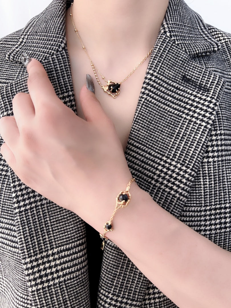 Galactic Cascade Black Agate Bracelet: 925 Sterling Silver 18K Vintage Gold, Cosmic Elegance