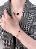 Galactic Cascade Black Agate Bracelet: 925 Sterling Silver 18K Vintage Gold, Cosmic Elegance