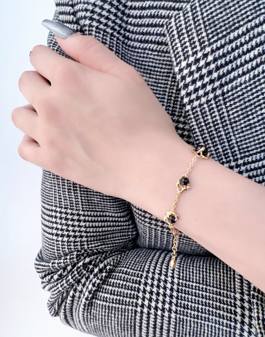 Galactic Cascade Black Agate Bracelet: 925 Sterling Silver 18K Vintage Gold, Cosmic Elegance