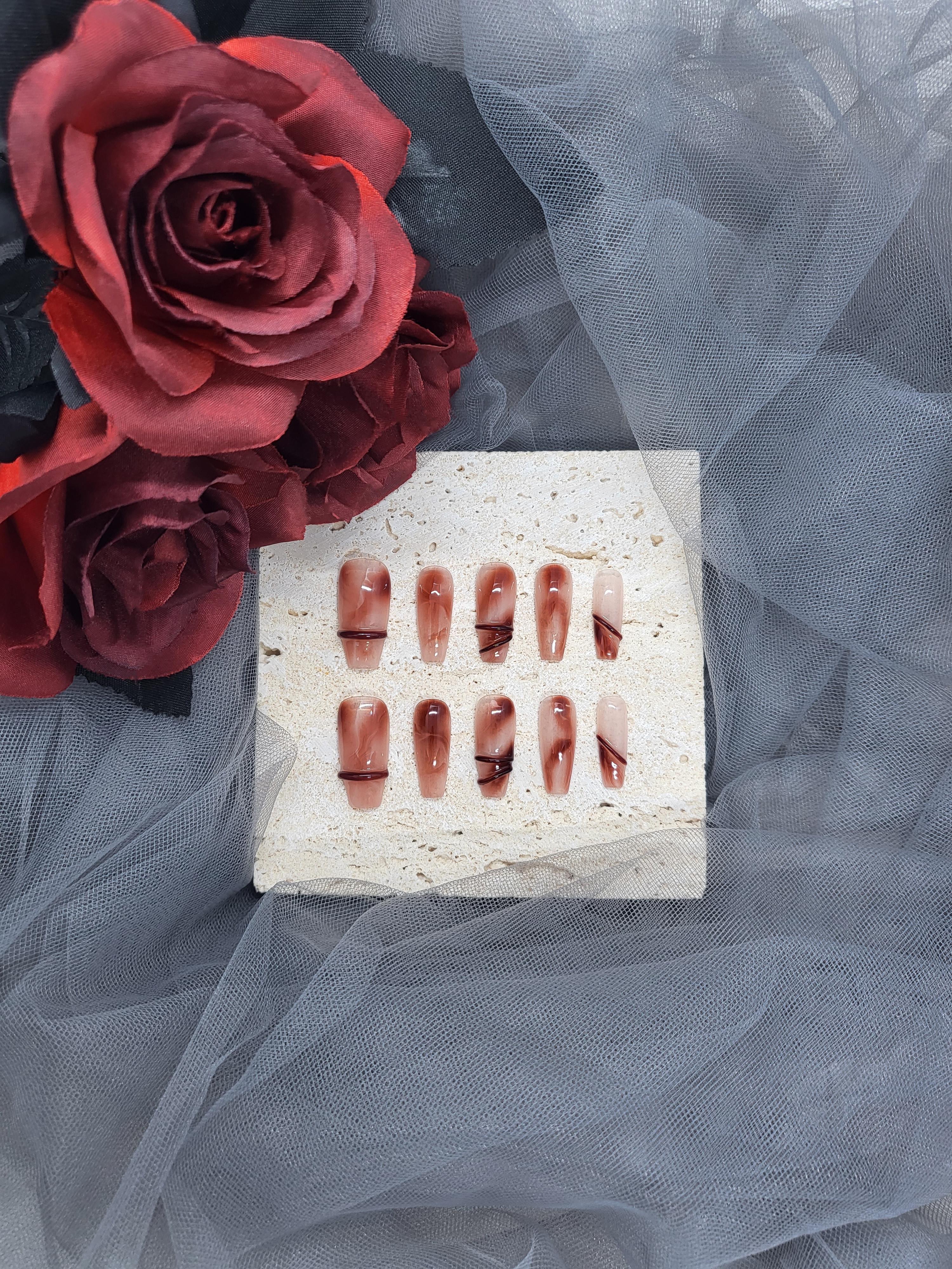 Crimson Cascade: Red marbling Press on nails with bands Instant Mani AU 