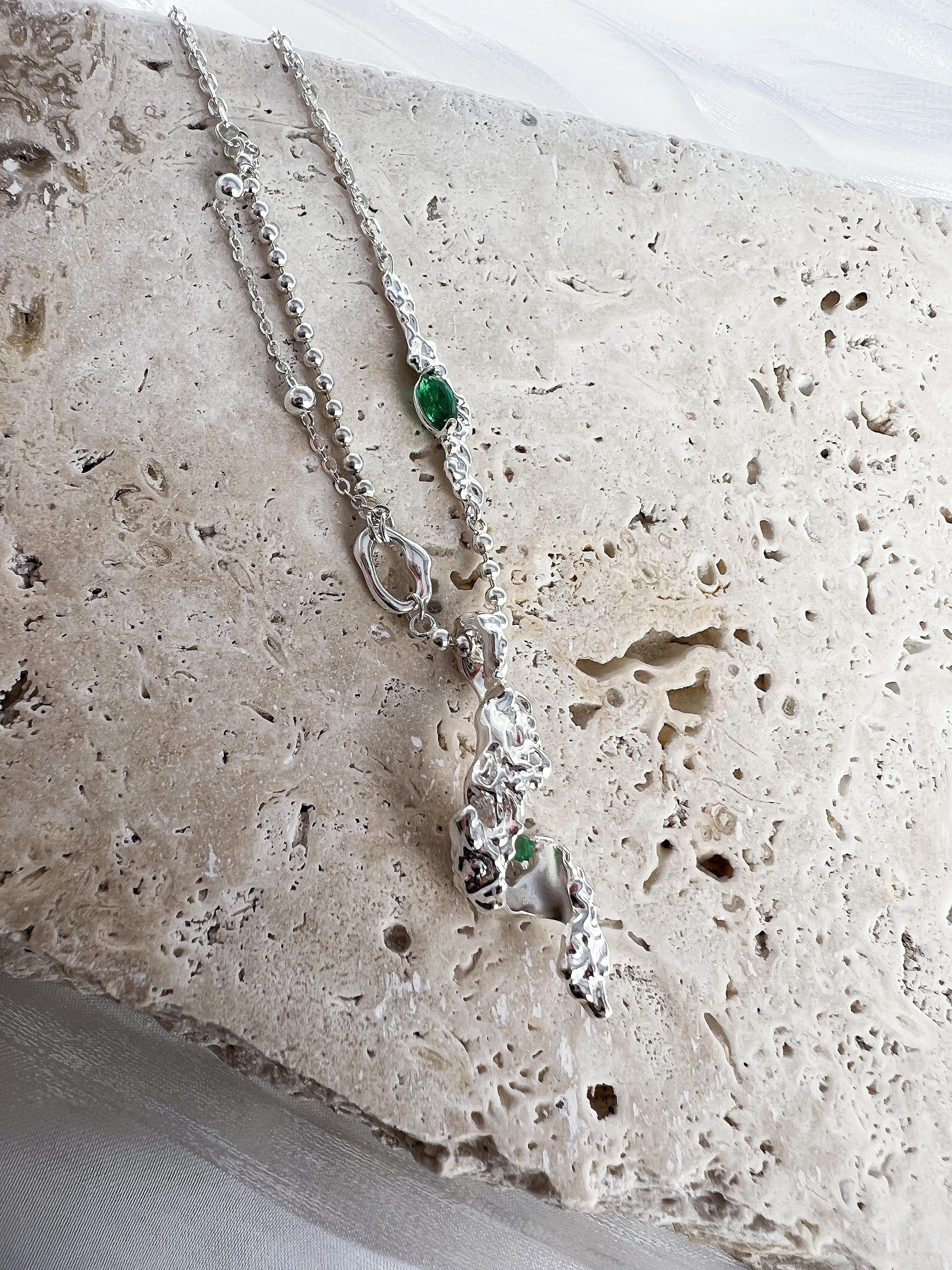 Infinite Charm Silver Leaf Cascade Necklace: 925 Sterling Silver, Green Cubic Zirconia, Trendy wave Unique Design
