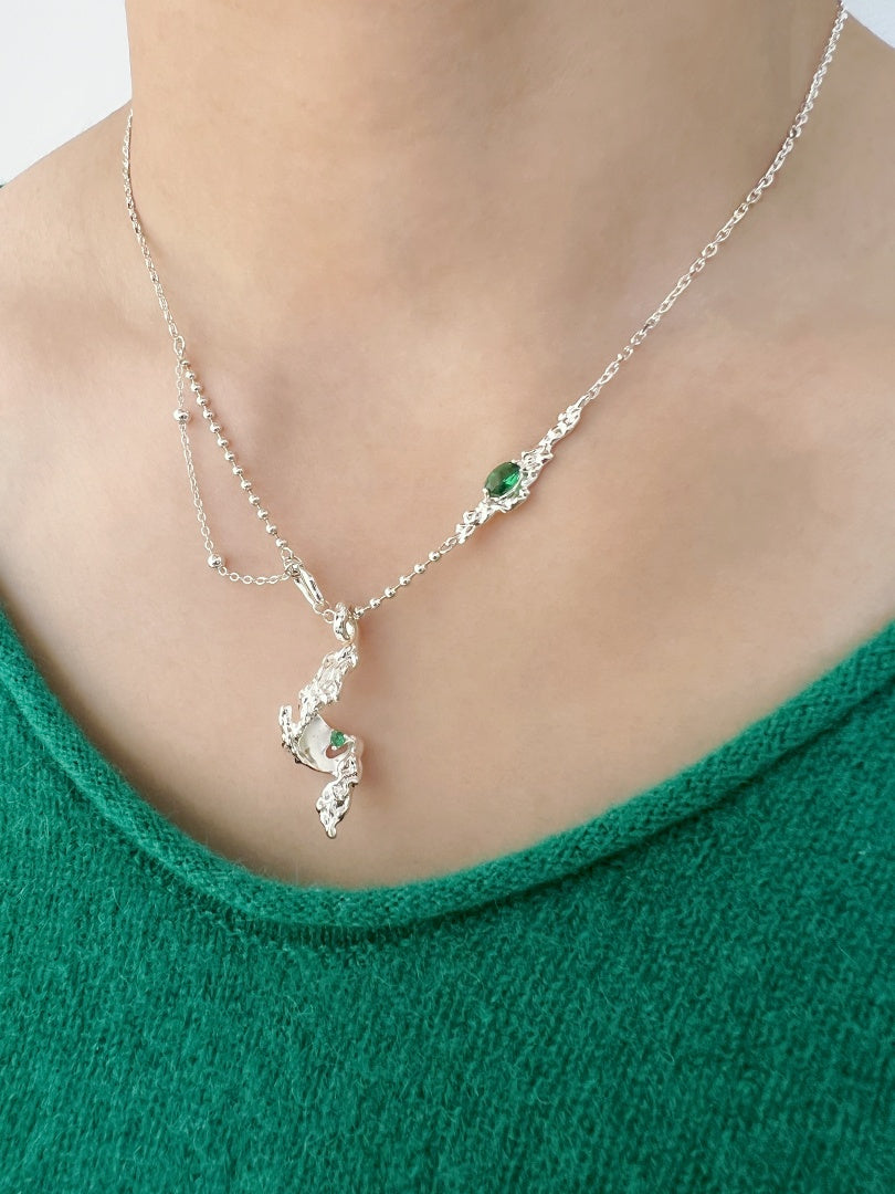 Infinite Charm Silver Leaf Cascade Necklace: 925 Sterling Silver, Green Cubic Zirconia, Trendy wave Unique Design