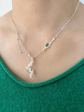 Infinite Charm Silver Leaf Cascade Necklace: 925 Sterling Silver, Green Cubic Zirconia, Trendy wave Unique Design