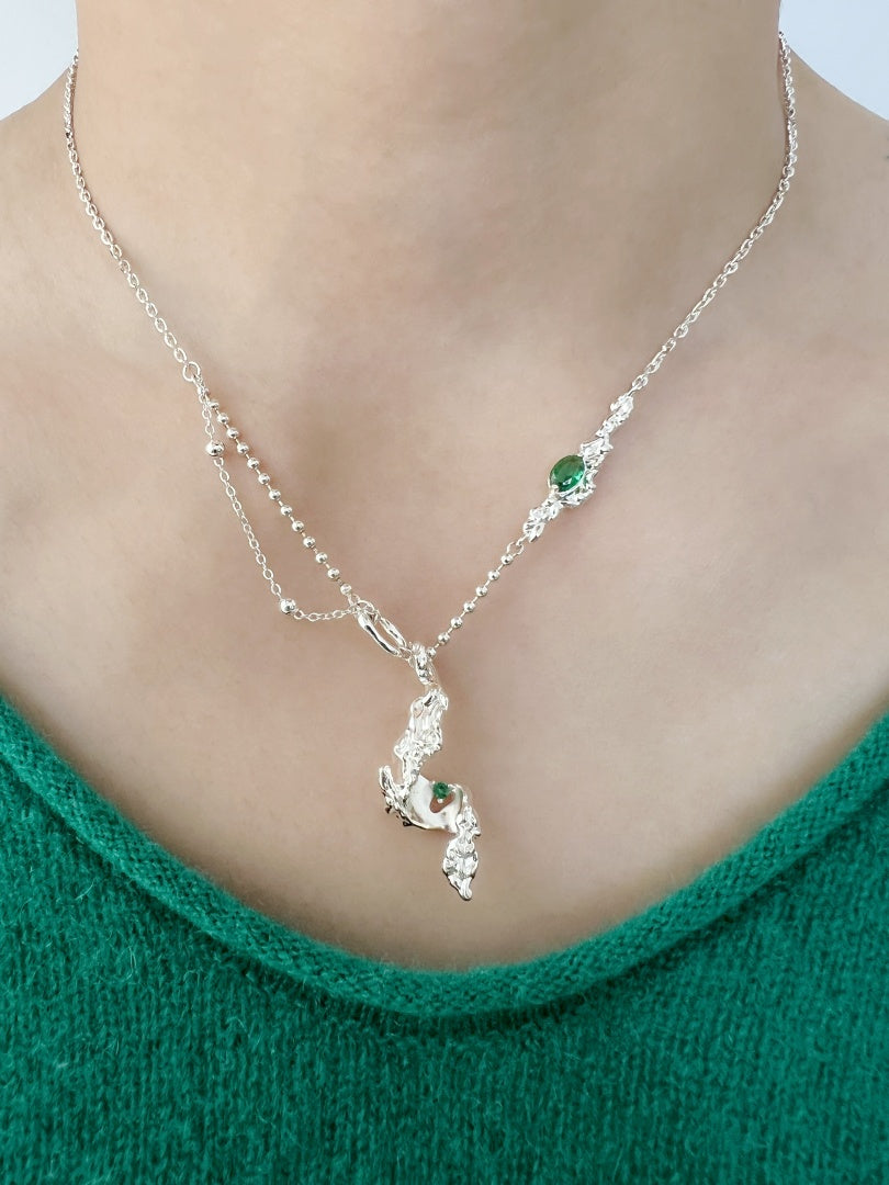 Infinite Charm Silver Leaf Cascade Necklace: 925 Sterling Silver, Green Cubic Zirconia, Trendy wave Unique Design