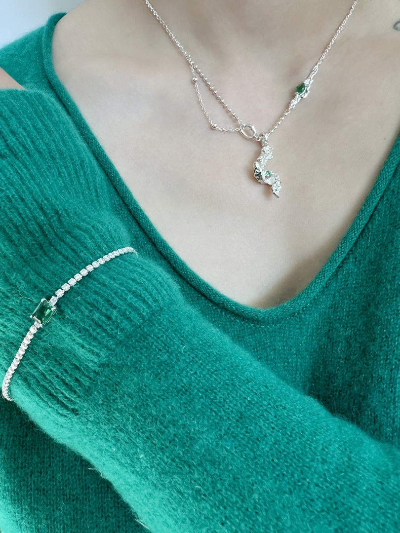 Infinite Charm Silver Leaf Cascade Necklace: 925 Sterling Silver, Green Cubic Zirconia, Trendy wave Unique Design
