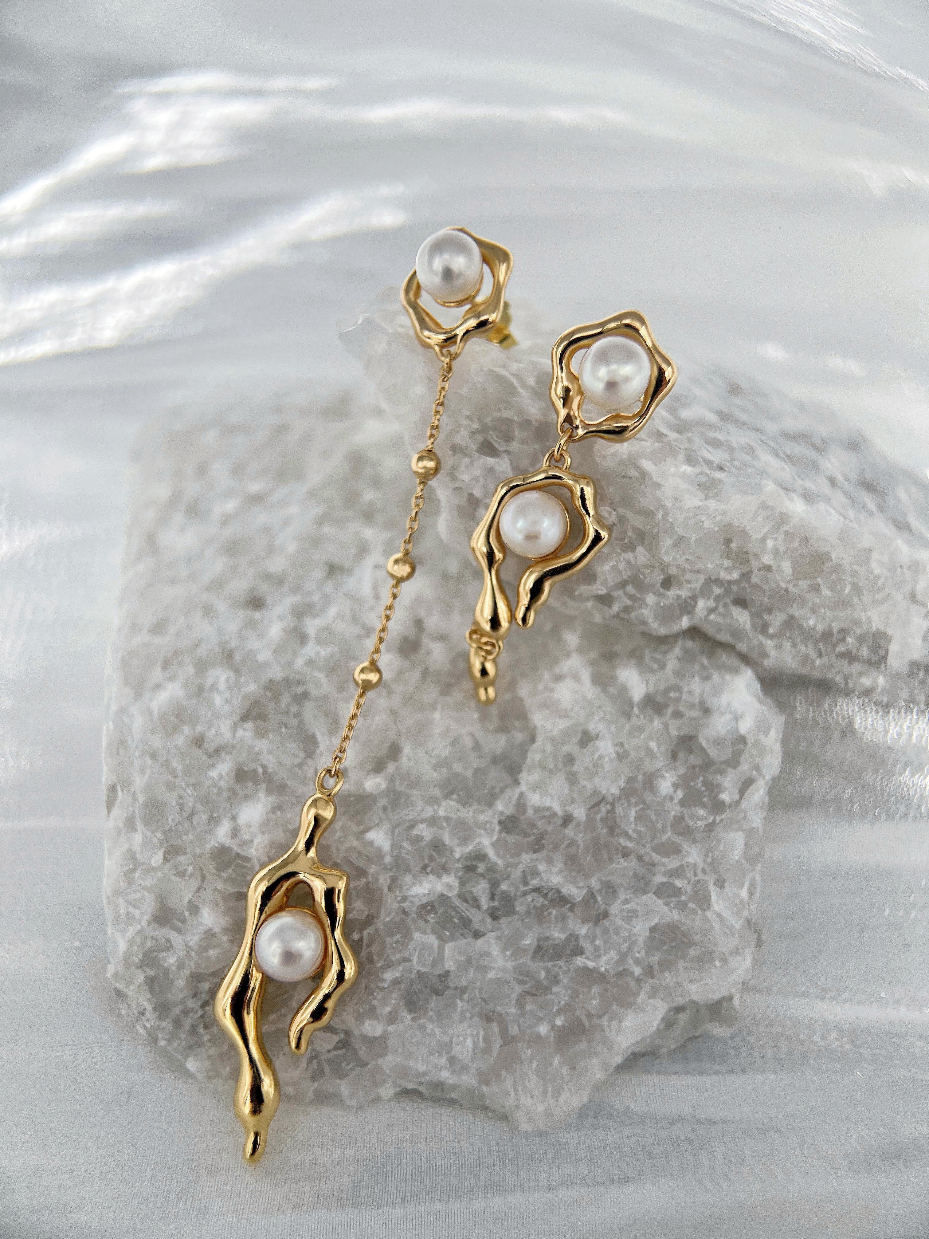 Timeless Grace Pearl Cascade Earrings: 925 Sterling Silver 18K Vintage Gold Fresh water pearls, Unique Elegance 